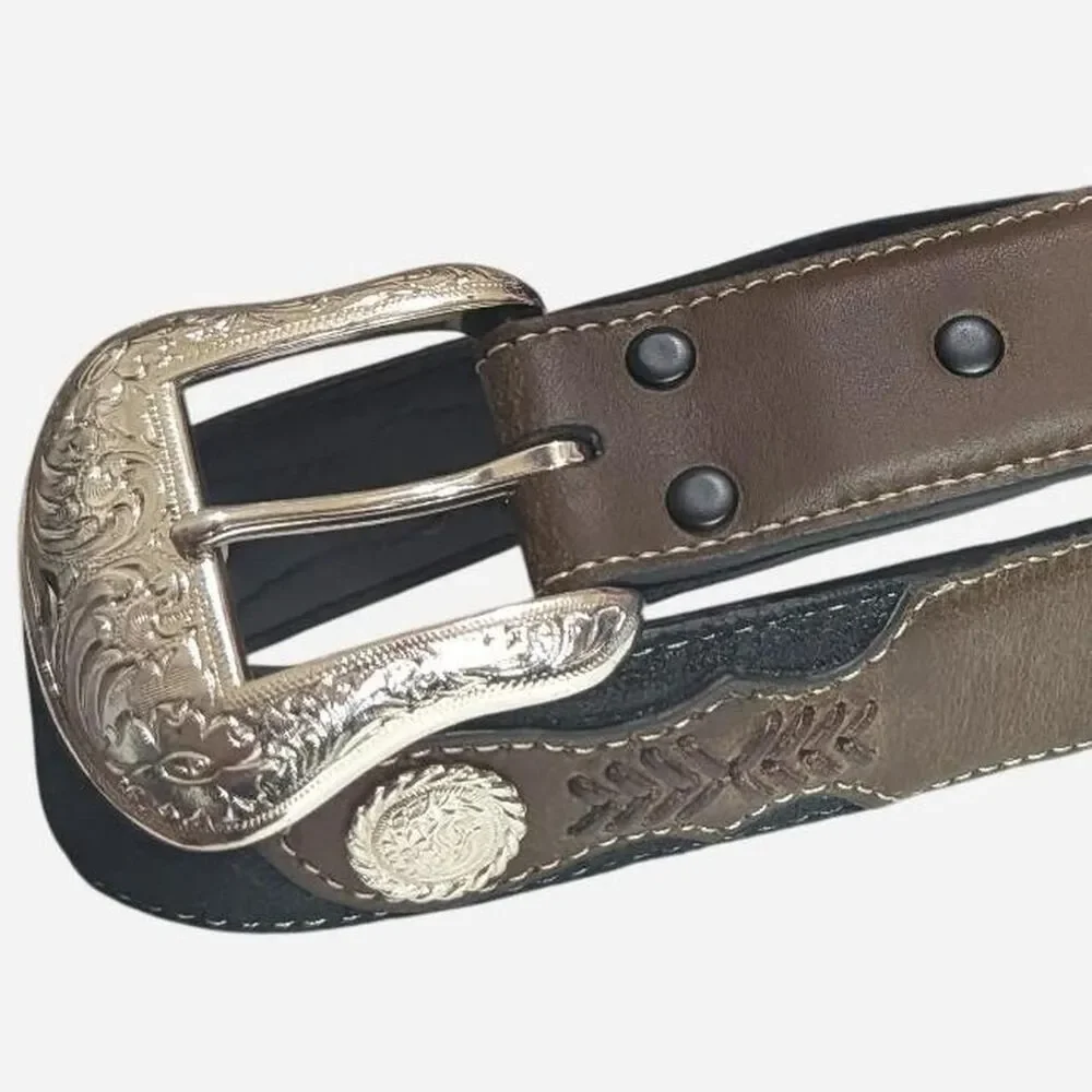 Nocona Mens Leather Western Belt Size 32 (S) Brown Black Southwest Silver Buckle